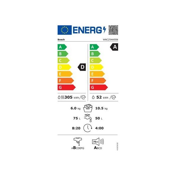Pralko-suszarka Bosch Bosch | Washing Machine with Dryer | WNC254A0SN | Energy efficiency class D | Front loading | Washing capacity 10.5 kg | 1400 RPM | Depth 62 cm | Width 60 cm | Display | LED | Drying system | Drying capacity 6 kg | Steam function | W