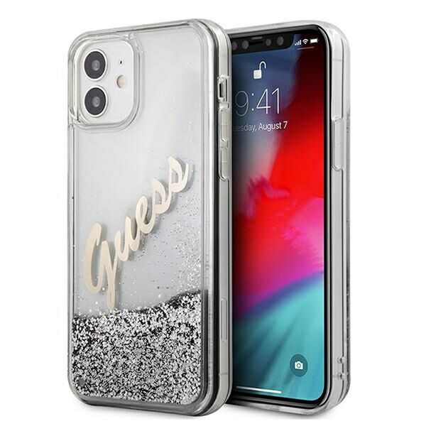 Guess case for iPhone 12 Pro Max 6,7&quot; GUHCP12LGLVSSI silver hard case Glitter Vintage Script 3700740495353