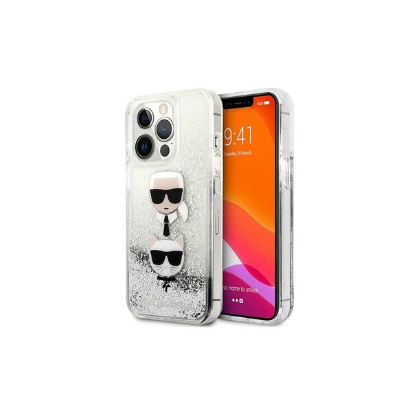 Karl Lagerfeld case for iPhone 13 Pro / 13 6,1&quot; KLHCP13LKICGLS silver hard case Liquid Glitter Karl&Choupette Head 3666339028916