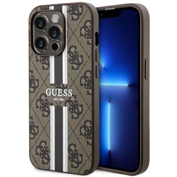 Guess case for iPhone 14 Pro 6,1&quot; GUHMP14LP4RPSW brown harcase Magsafe 4G Printed Stripes 3666339119799
