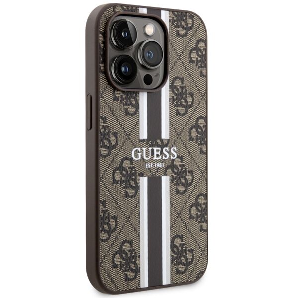 Guess case for iPhone 14 Pro 6,1&quot; GUHMP14LP4RPSW brown harcase Magsafe 4G Printed Stripes 3666339119799