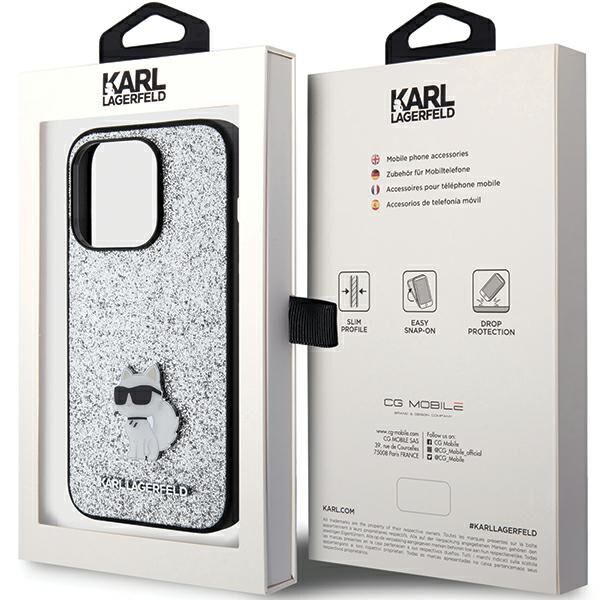 Karl Lagerfeld case for iPhone 15 Pro 6,1&quot; KLHCP15LGCNPSG silver hardcase Fixed Glitter Choupette Logo Metal Pin 3666339165291