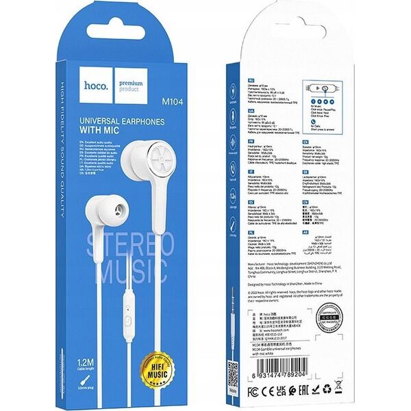 Słuchawki Hoco HOCO słuchawki przewodowe Jack 3,5 mm z mikrofonem M104 białe