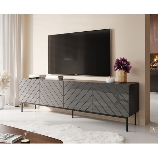 Cama Meble Szafka RTV ABETO na czarnym stelażu ze stali 200x42x60 grafit/grafit połysk