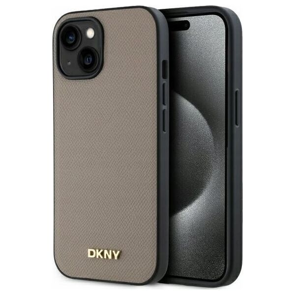 DKNY DKHMP15SPGHLME iPhone 15 6.1" beige/beige hardcase Grained Metal Logo MagSafe
