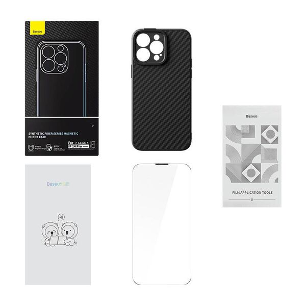 Baseus Synthetic Fiber Series Apple iPhone 14 Pro (black) + tempered glass + cleaner kit