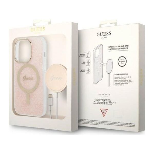 Guess Guess Bundle Pack MagSafe 4G - Zestaw etui + ładowarka MagSafe iPhone 14 Pro Max (różowy/złoty)