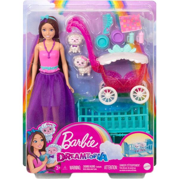 Lalka Barbie Barbie LALKA BARBIE SKIPPER Z WÓZKIEM I BOBASAMI OWIECZKI Wózek HLC29 Dreamtopia