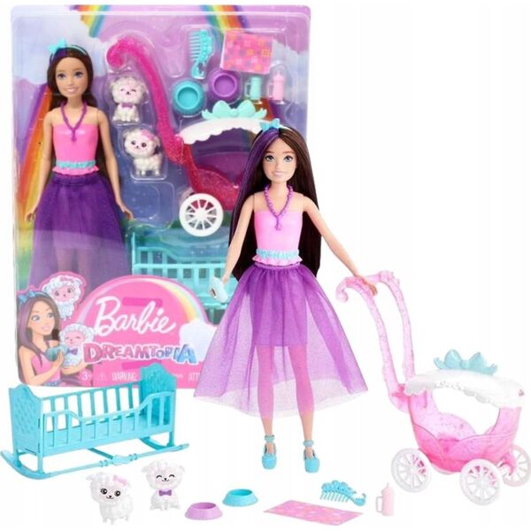 Lalka Barbie Barbie LALKA BARBIE SKIPPER Z WÓZKIEM I BOBASAMI OWIECZKI Wózek HLC29 Dreamtopia