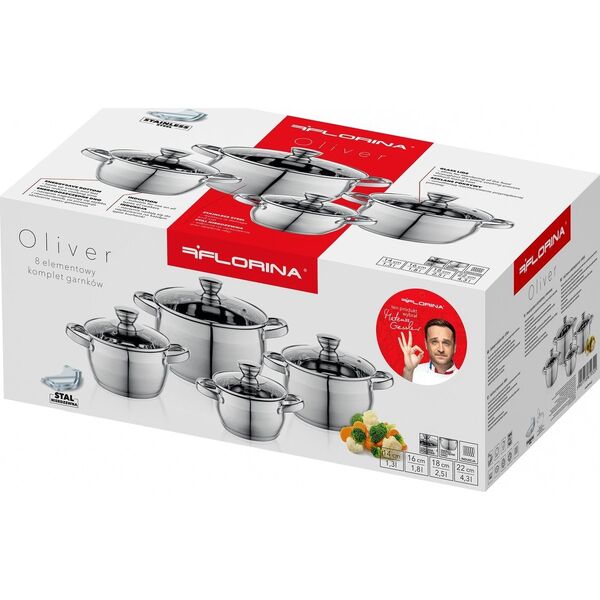 Florina ZESTAW GARNKÓW OLIVER INOX 8 CZ. (1,3L 1,8L 2,5L 4,5L +POKRYWKI)