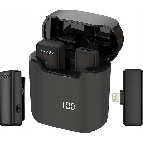 Mikrofon OEM Mikrofon krawatowy bezprzewodowy Lightning z etui ładującym S11 czarny
