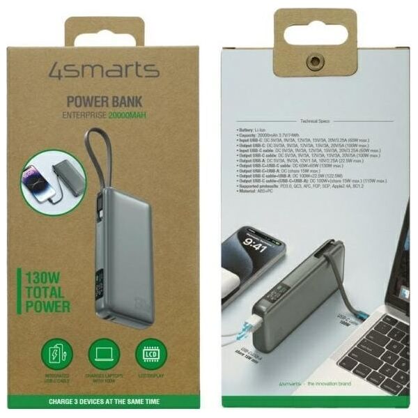 4smarts Powerbank Enterprise 20000mAh 130W with built-in USB-C cable gray/space gray 541134