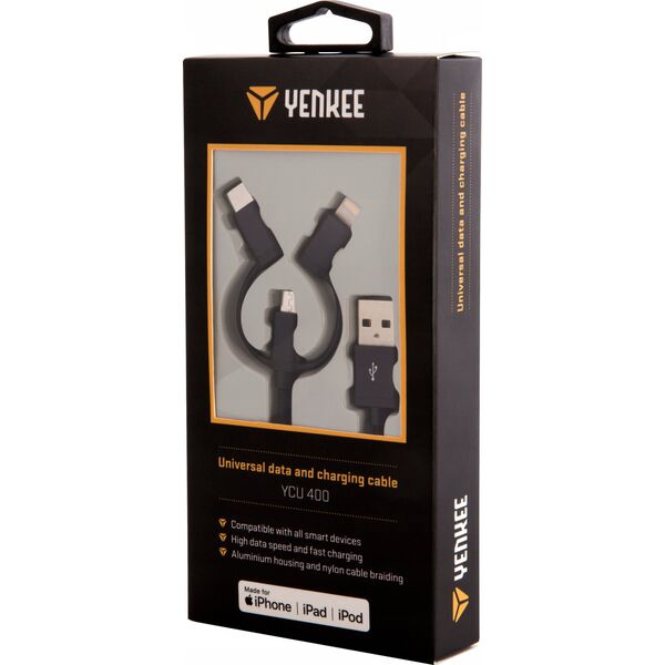 Kabel USB Yenkee USB-A - USB-C + microUSB + Lightning 1 m Czarny (YCU 400BK)