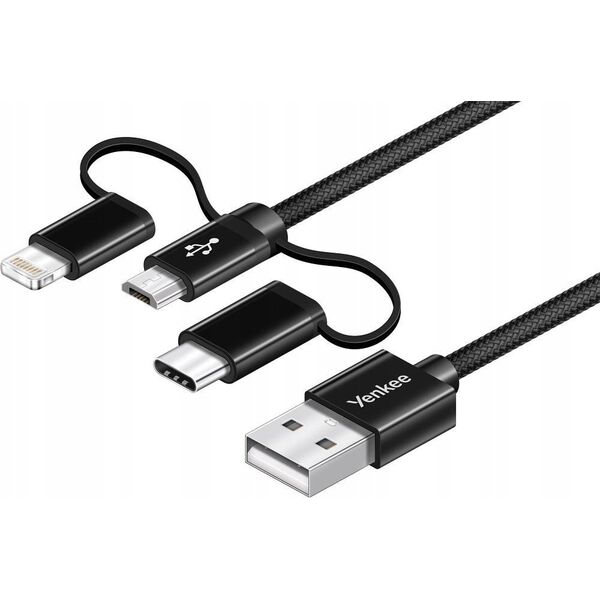 Kabel USB Yenkee USB-A - USB-C + microUSB + Lightning 1 m Czarny (YCU 400BK)