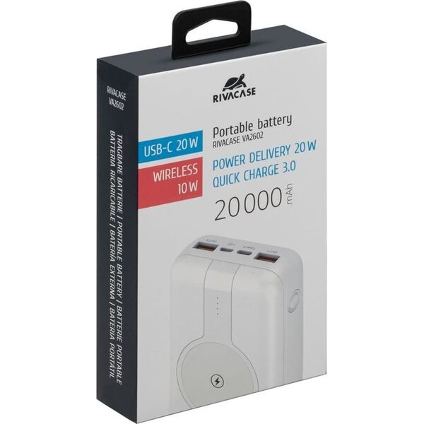 RivaCase POWERBANK 20.000 MAH USB-C 20W + QI 10W, 1X WE/WY USB-C 20W, 2X USB-A QC18W, WEJŚCIE MICRO-USB,INDUKCJA QI 10W,BIAŁY