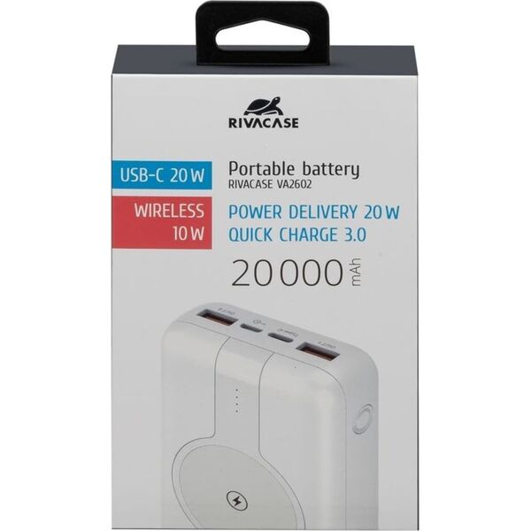 RivaCase POWERBANK 20.000 MAH USB-C 20W + QI 10W, 1X WE/WY USB-C 20W, 2X USB-A QC18W, WEJŚCIE MICRO-USB,INDUKCJA QI 10W,BIAŁY