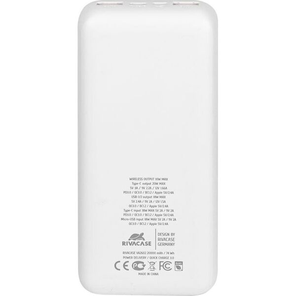 RivaCase POWERBANK 20.000 MAH USB-C 20W + QI 10W, 1X WE/WY USB-C 20W, 2X USB-A QC18W, WEJŚCIE MICRO-USB,INDUKCJA QI 10W,BIAŁY