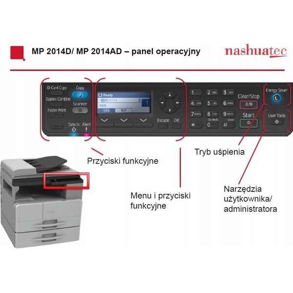 Urządzenie wielofunkcyjne Ricoh Ricoh MP 2014AD multifunctional printer, Black and White MFP, / print/ copy/ scan, 50 sheet ARDF document feeder, A3-A4-A5, Automatic duplex, 350-1350 sheets, speed 20 A4 ppm, reso-417378