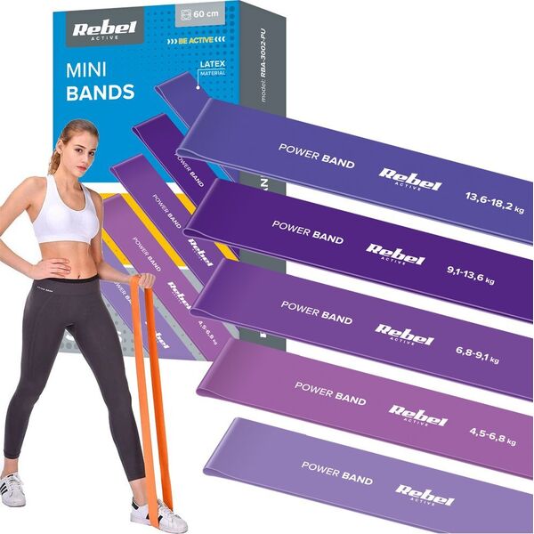 Rebel Zestaw gum do ćwiczeń lateksowy - Mini Band L, 2.3-18.2 kg, 5 gum, fioletowy,  REBEL ACTIVE