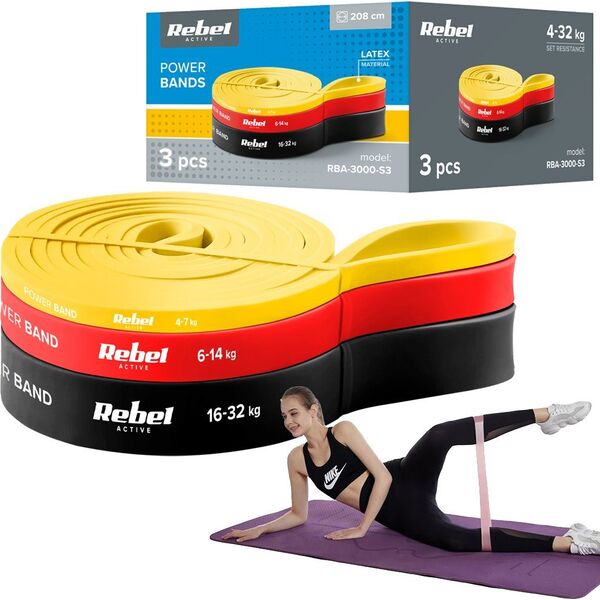 Rebel Zestaw gum do ćwiczeń lateksowy - Power Band PLs-1, 4-32 kg, 3 gumy,  REBEL ACTIVE
