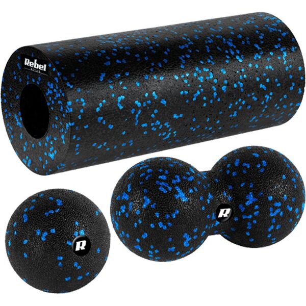 Rebel Zestaw wałek do masażu, roller, piłka, duoball , 3 elementy, kolor czarno-niebieski, materiał EPP, REBEL ACTIVE