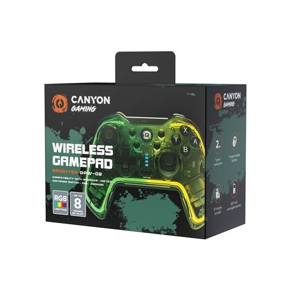 Pad Canyon CANYON GPW-02, Bluetooth Controller with built-in 800mah battery, BT 5.0, 2M Type-C charging cable , Bluetooth Gamepad for Nintendo Switch / Android / Windows ( RGB Lighting ),152*110*55mm, 232g, black