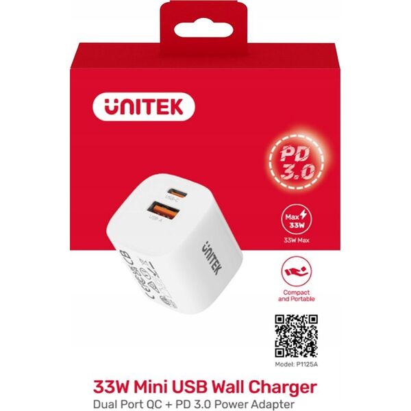 Ładowarka Unitek Unitek Ładowarka sieciowa 1x USB-A 1x USB-C QC PC 3.0 33W biała