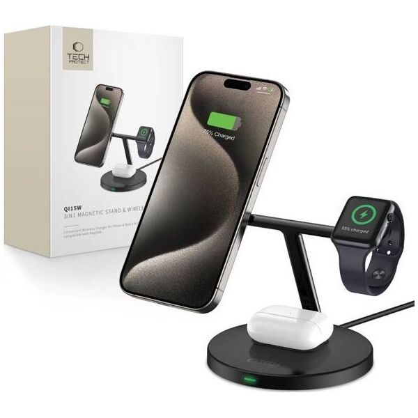 Ładowarka Tech-Protect TECH-PROTECT QI15W-A35 3IN1 MAGNETIC MAGSAFE WIRELESS CHARGER BLACK