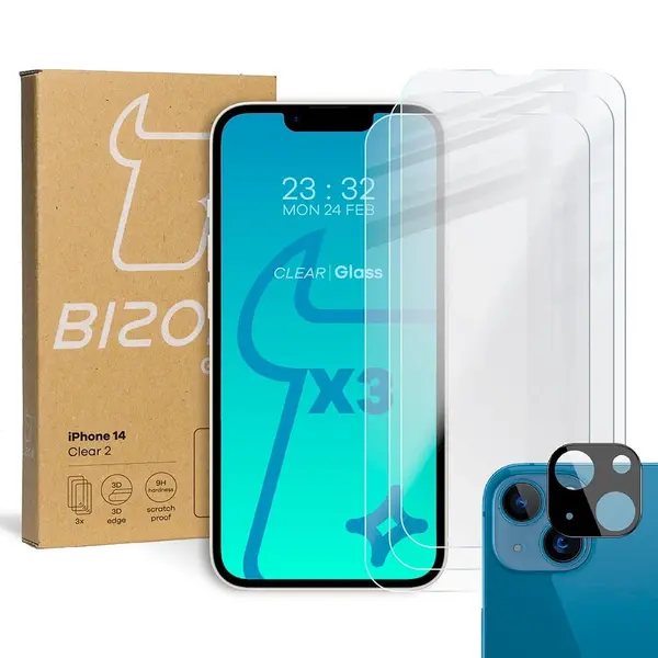 BIZON 3x screen glass + camera glass Apple iPhone 14
