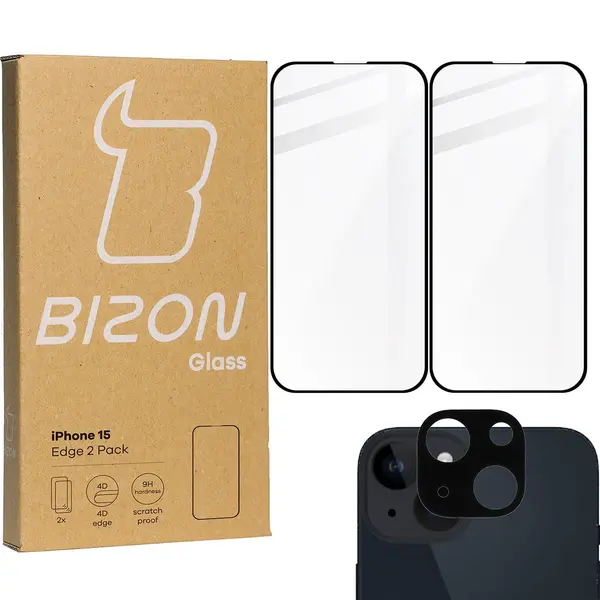 BIZON Edge 2x screen glass + camera glass Apple iPhone 15
