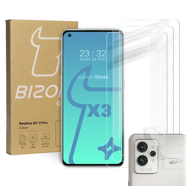 Bizon Glass Clear tempered glass - 3 pcs. + lens glass Realme GT 2 Pro