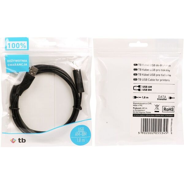 Kabel USB TB Print USB-A - USB-B 1.8 m Czarny (AKTBXKU1PABW18B)