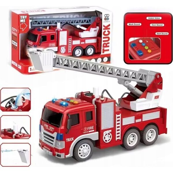 LeanToys Wóz Strażacki Z Wysięgnikiem 1:16 Światła Dźwięki Woda Napęd Czerwony