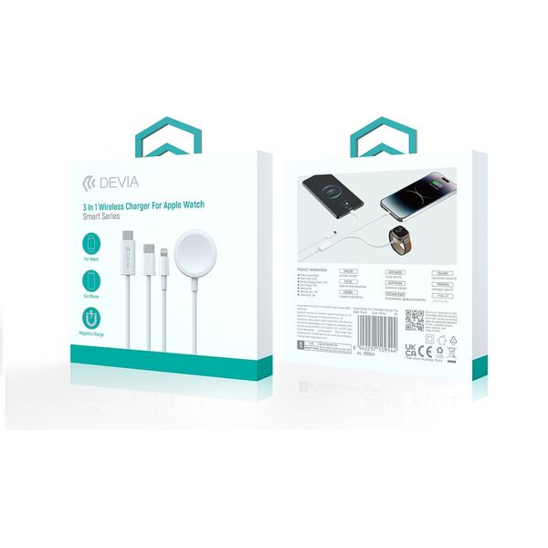 Devia cable 3in1 Smart EA520 USB-C - USB-C + Lightning white with inductive magnetic charger for Apple Watch 6942297109544