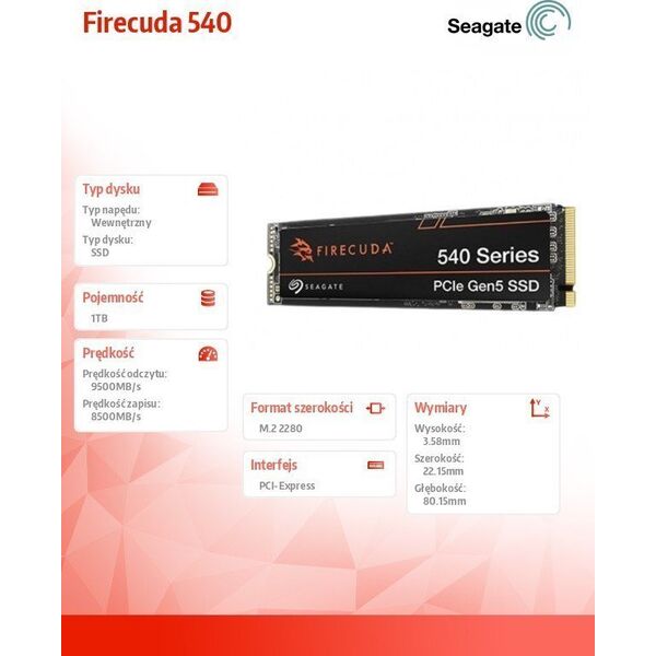 Dysk SSD Seagate Firecuda 540 1TB M.2 2280 PCI-E (ZP1000GM3A004)