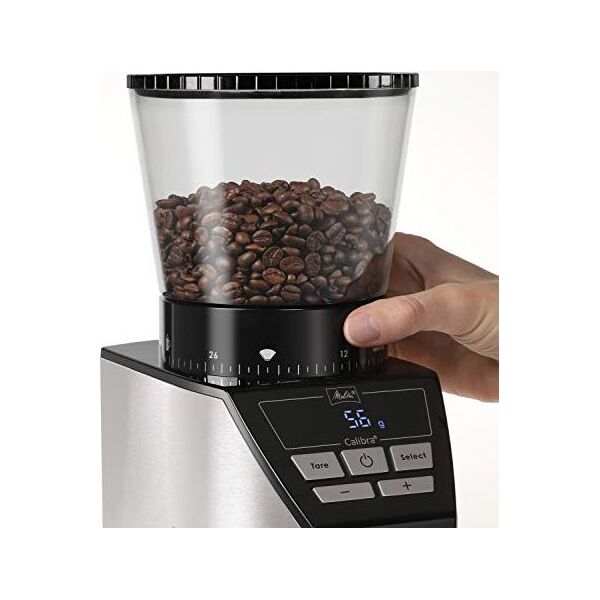 Młynek do kawy Melitta Melitta 1027-01 SST BK elektryczny młynek do kawy Calibra ze stożkowym młynkiem i wyświetlaczem LCD, a także zintegrowaną skalą, 39 ustawień mielenia, pojemność: 375 g, 160, czarny / stal nierdzewna
