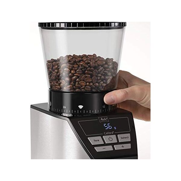 Młynek do kawy Melitta Melitta 1027-01 SST BK elektryczny młynek do kawy Calibra ze stożkowym młynkiem i wyświetlaczem LCD, a także zintegrowaną skalą, 39 ustawień mielenia, pojemność: 375 g, 160, czarny / stal nierdzewna