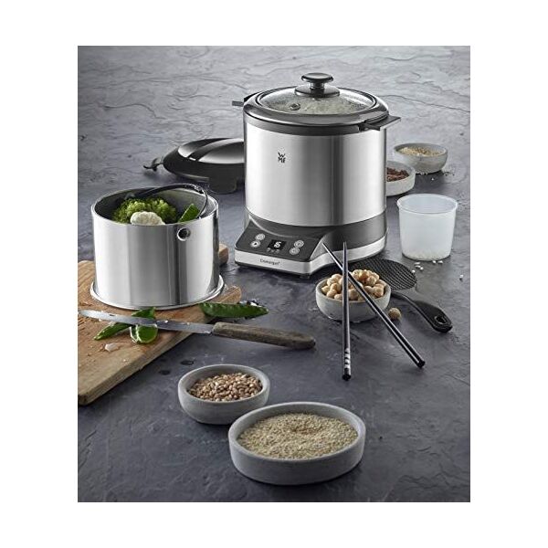 WMF Kuchenka do gotowania ryżu WMF mini (220 W, z pudełkiem na lunch, parowcem, oszczędzająca miejsce, wewnętrzna doniczka z pokrywką na wynos (1,0 l)) cromargan mat