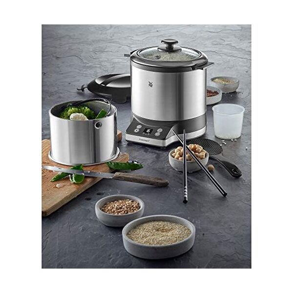 WMF Kuchenka do gotowania ryżu WMF mini (220 W, z pudełkiem na lunch, parowcem, oszczędzająca miejsce, wewnętrzna doniczka z pokrywką na wynos (1,0 l)) cromargan mat