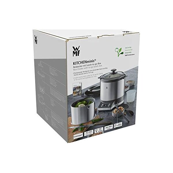 WMF Kuchenka do gotowania ryżu WMF mini (220 W, z pudełkiem na lunch, parowcem, oszczędzająca miejsce, wewnętrzna doniczka z pokrywką na wynos (1,0 l)) cromargan mat