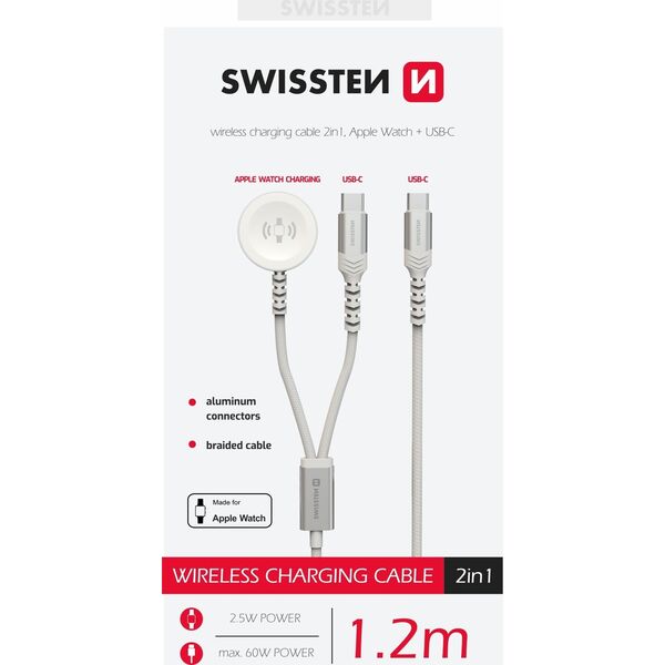 Swissten Wireless Charger 2In1 AV Adapter for Apple Watch and USB-C, USB-C 1.2 M White 13910495 8595217487017