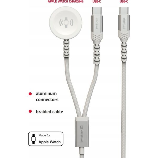 Swissten Wireless Charger 2In1 AV Adapter for Apple Watch and USB-C, USB-C 1.2 M White 13910495 8595217487017