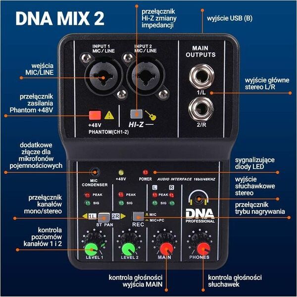 DNA DNA MIX 2 mikser 2-kanałowy phantom interfejs USB