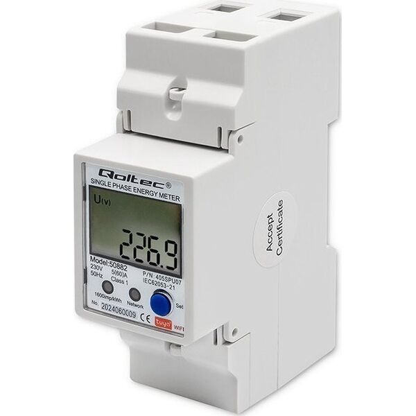 QOLTEC LICZNIK ENERGII JEDNOFAZOWY ELEKTRONICZNY NA SZYNĘ DIN | 230V | LCD | WI-FI