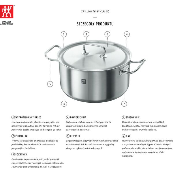 Zwilling Garnek ZWILLING wysoki z pokrywką 7 ltr uniwersalny