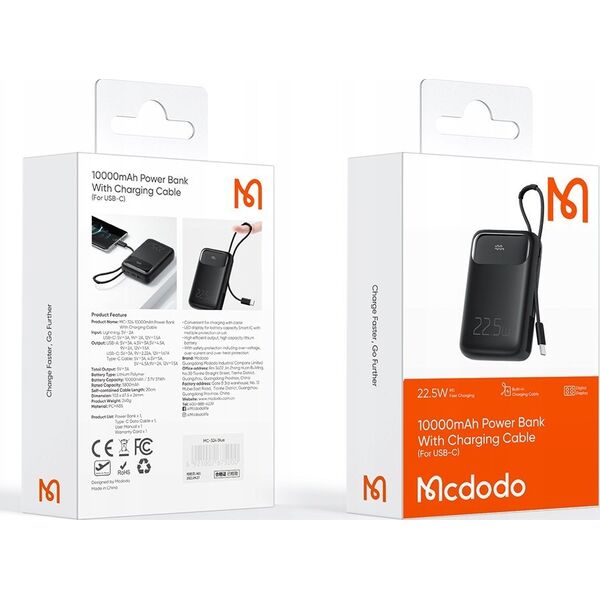 Powerbank Mcdodo MCDODO POWERBANK 10000MAH Z WYŚWIETLACZEM 3X USB USB-C 22,5W + KABEL USB-C