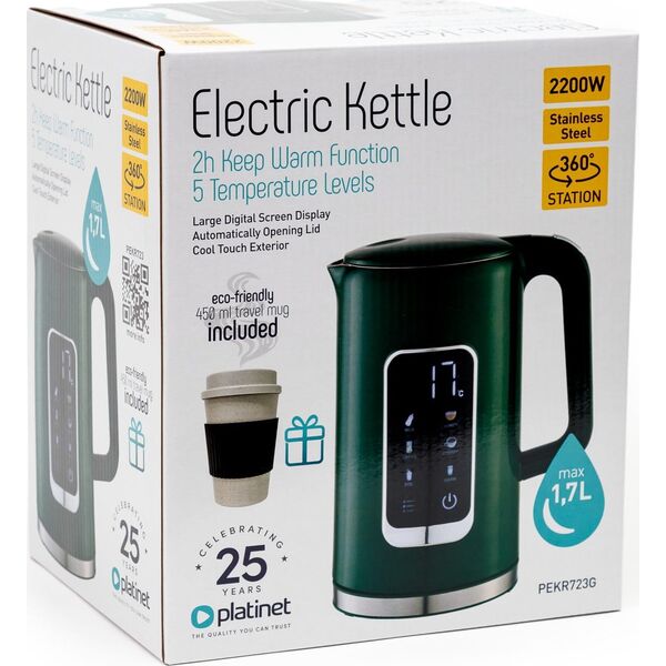 Czajnik Platinet PLATINET CZAJNIK KETTLE LCD DISPLAY 1,7L 5 TEMPERATURE SETTINGS + 450 ML TRAVEL MUG, OLIVE GREEN [45977]
