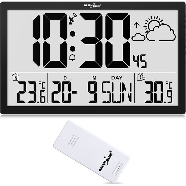 GreenBlue Zegar ścienny LCD bardzo duży GreenBlue GB218 temperatura, data