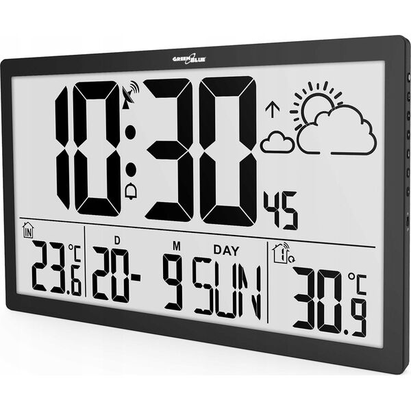 GreenBlue Zegar ścienny LCD bardzo duży GreenBlue GB218 temperatura, data