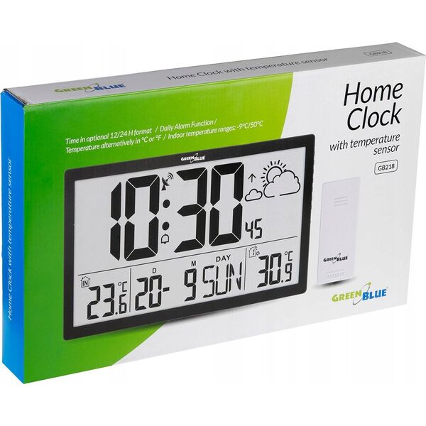 GreenBlue Zegar ścienny LCD bardzo duży GreenBlue GB218 temperatura, data